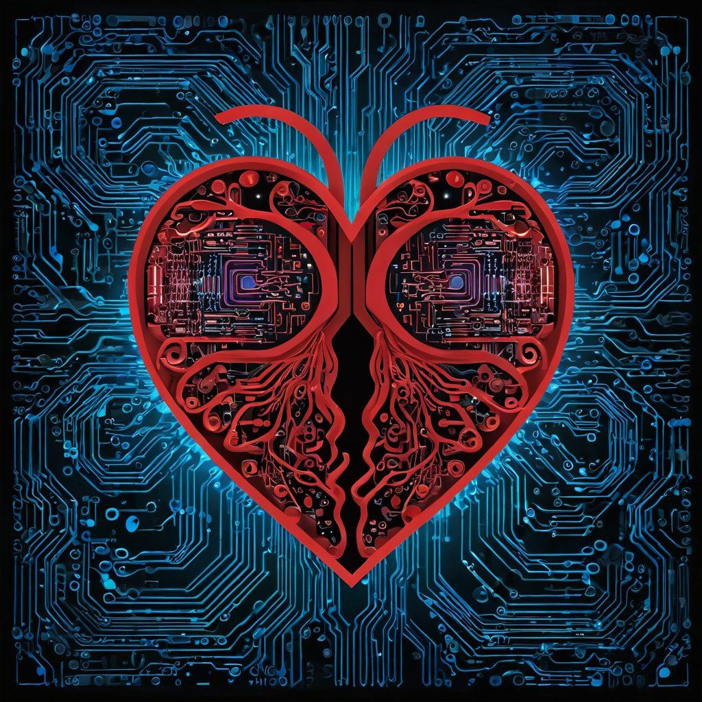 A captivating digital artwork depicting a heart symbol intertwined with a circuit board, representing the fusion of love and technology. In the background, illustrate a collage of binary code and abstract data visualizations, symbolizing data analysis and digital forensics. Include elements like magnifying glasses and forensic tools subtly incorporated into the design. The color palette should be a mix of warm reds and cool techy blues to evoke emotions while highlighting the analytical aspects. vibrant colors. super-realistic.