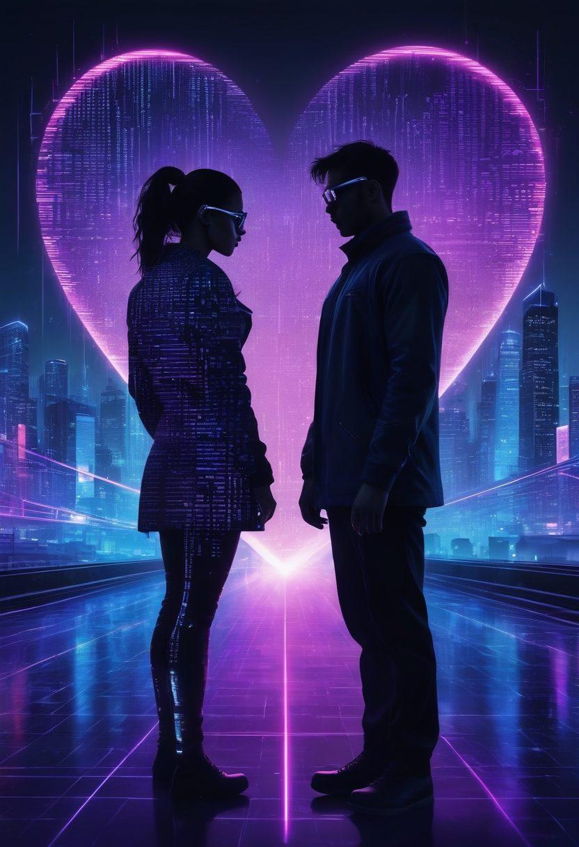 A visually intriguing digital landscape, incorporating a silhouette of a couple intertwined within a matrix of binary codes and heart symbols, seamlessly blending forensic elements like magnifying glasses and fingerprint patterns. The background should suggest a futuristic cityscape with soft neon lights, highlighting the intersection of love and technology. evocative shades of blue and purple with a hint of romance. cyberpunk. vibrant colors.